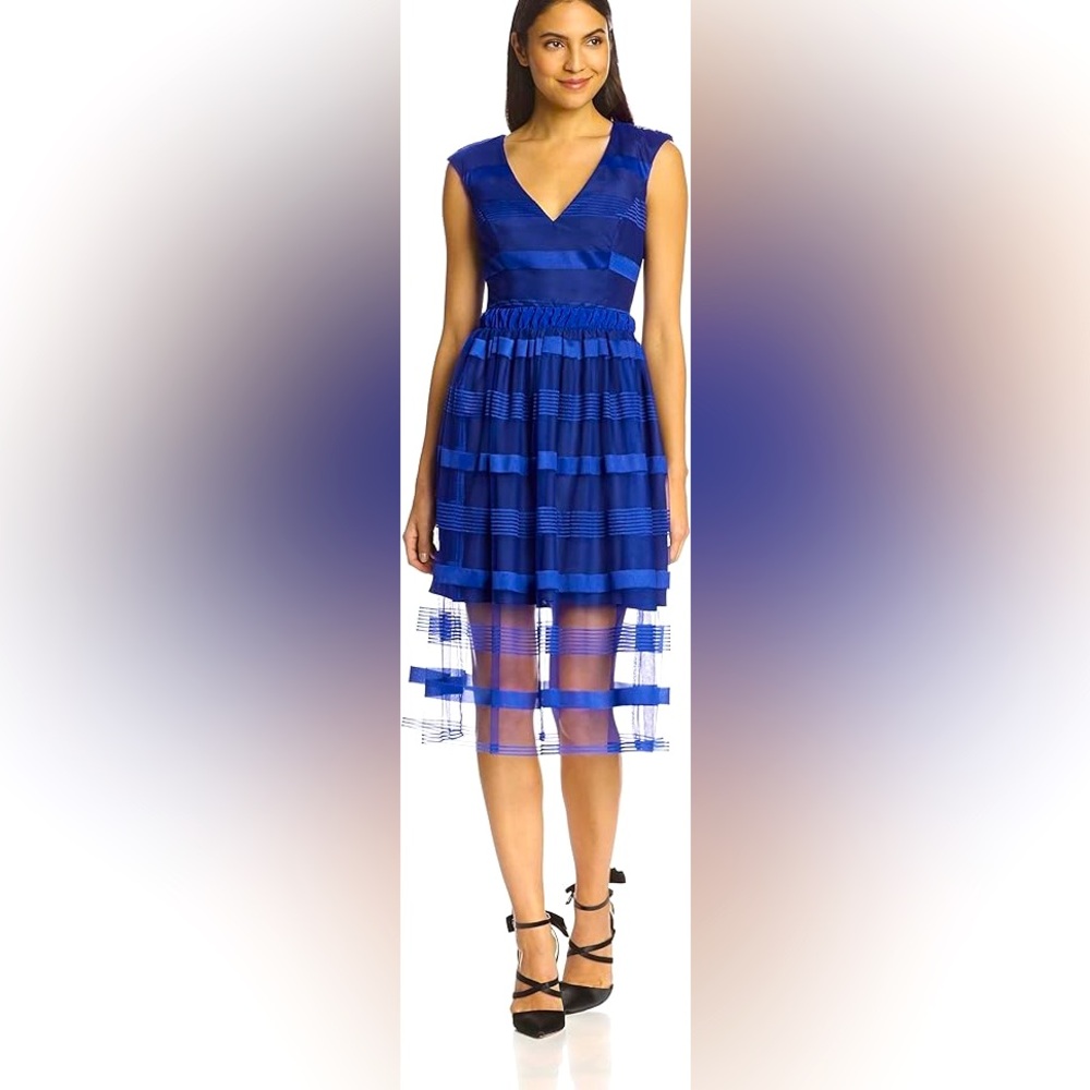A.B.S. by Allen Schwartz Women's V-Neck Blue Dress with Striped Overlay